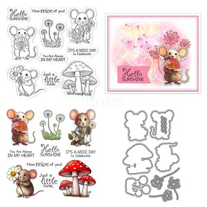 Selos transparentes e recortes de cogumelo em forma de rato de flor para fazer cartões, selos de silicone, conjuntos de matrizes de corte de metal para scrapbooking faça você mesmo