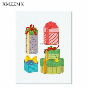 May include: Four colorful gift boxes with different patterns and ribbons. The boxes are stacked on top of each other. The top box is red and white striped, the second box is green with a yellow ribbon, the third box is purple with stars, and the bottom box is blue with a yellow ribbon.