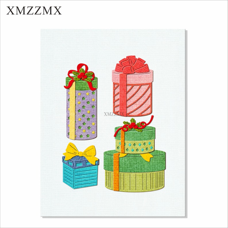 May include: Four colorful gift boxes with different patterns and ribbons. The boxes are stacked on top of each other. The top box is red and white striped, the second box is green with a yellow ribbon, the third box is purple with stars, and the bottom box is blue with a yellow ribbon.