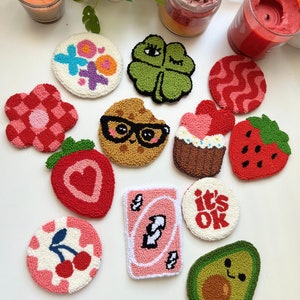 Punch Needle Strawberry and Avocado Drink Mat,Red and Pink Coaster, Best Gift Idea, Cute Cookie Mug Rug