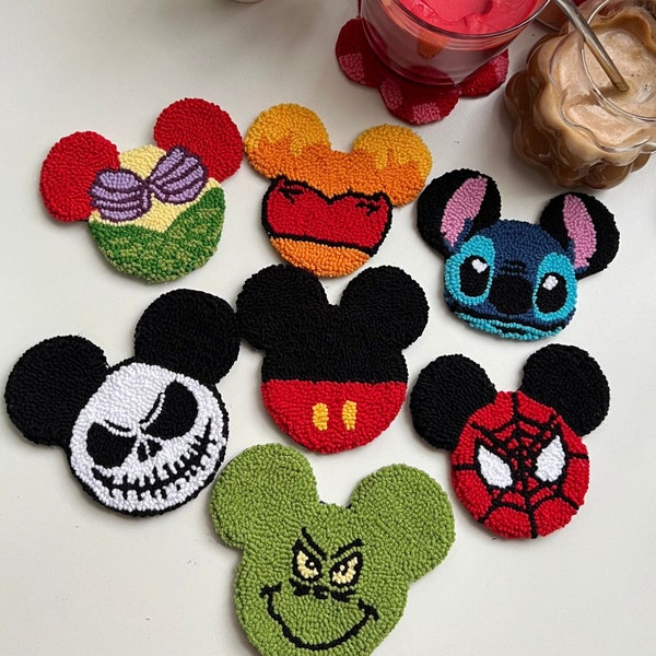 Punch Needle Disney Head Coaster,Mickey Home Decor,Handmade Jack Skellington Drink Mat,The Grinch Mug Rug