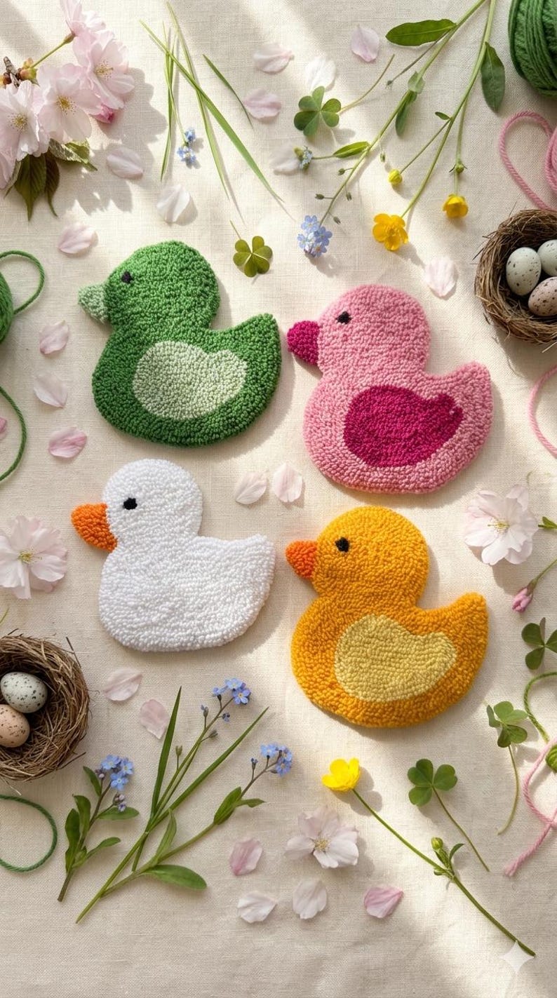 Pink Duck Rug The Cutest Duck Punch Needle Coaster,pink and White Handmade Mug Rug ...