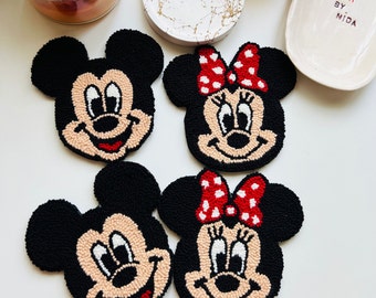 Mickey& Minnie Mouse Coaster,Disney Character Punch Needle Mug Rug,Trendy Home,Best Friend Gifts