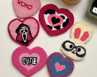 Handmade Cutie  Heart Coaster, Pink Cow Heart Drink Mat,Horror Face,Punch Needle Table Decor