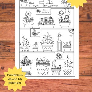 página para colorir para adultos, plantas em vaso, página para colorir para adultos, imprimível em tamanho A4 e carta dos EUA