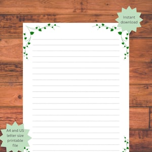 Könnte beinhalten: Bedruckbares, liniertes Papier mit grünem Rankenrand. Das Papier ist im Format A4 und US-Brief.