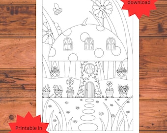printable colouring page for adults mushroom house colouring page printable in A4 and US letter size