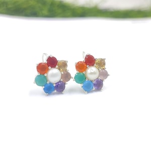 Natural Multi-Gemstones earring/Sterling silver earring/Beautiful sterling silver earring/Handmade Multi-stones earring gift for her