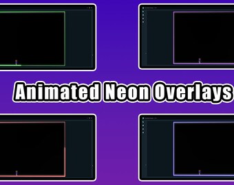 Puede incluir: Se muestran cuatro superposiciones de neón animadas, cada una con un fondo negro y un borde de neón en verde, rosa, rojo y morado. Una pequeña figura animada está en la parte inferior de cada una. El texto "Animated Neon Overlays" se muestra en el centro.