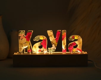 Luz nocturna de flores secas personalizada, lámpara de letras personalizada, lámpara de noche con nombre personalizado, regalo único de decoración del hogar, regalo para mamá, regalo del Día de la Madre