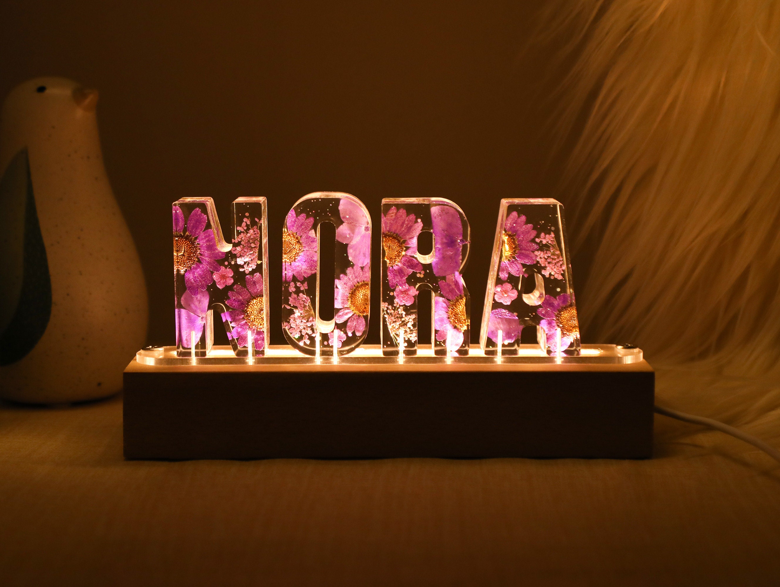 Gift for Mom, Custom Dried Flower Night Light, Personalized Letter Lamp