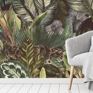 Removable Botanical Vintage Wallpaper, Leaves Wallpaper, Wild Cats