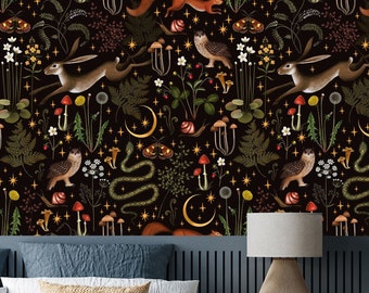 Fairy Forest Wallpaper,  Moon, stars, hare, squirrel, owl, flowers and mushrooms on a black background