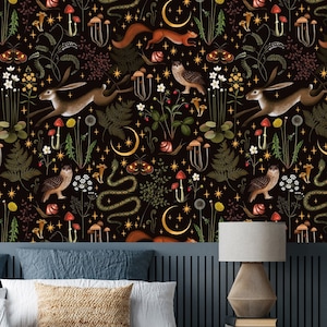 Fairy Forest Wallpaper,  Moon, stars, hare, squirrel, owl, flowers and mushrooms on a black background
