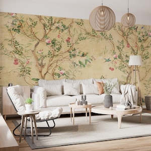 Chinoiserie Wallpaper Peel and Stick Spring Flowers Watercolor Peony Tree Wall Mural