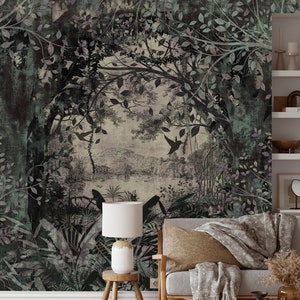 Vintage landscape wallpaper, Peel and Stick, Forest Wallpaper, Wall Murals