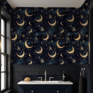 Celestial Peel and Stick Wallpaper: Navy Blue Moon & Stars