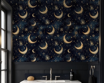 Celestial Peel and Stick Wallpaper: Navy Blue Moon & Stars