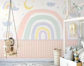 Rainbow Wallpaper, Nursery Wallpaper, Kids Rainbow Mural, Rainbow Wall Mural