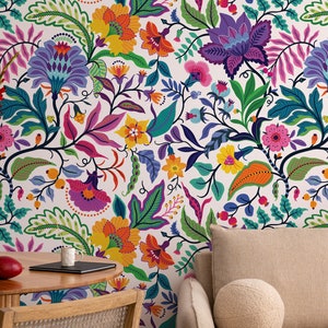 Bright colorful flowers and tropic leaves on a white backgroun, Adhesive Wallpaper, Wall mural, Removable, temporary wallpaper Peel & Stick image 3