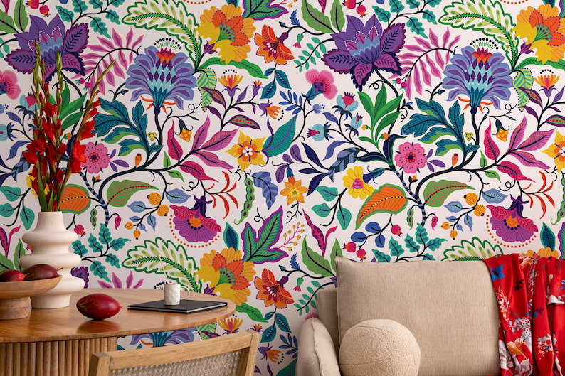 Bright colorful flowers and tropic leaves on a white backgroun, Adhesive Wallpaper, Wall mural, Removable, temporary wallpaper Peel & Stick image 3