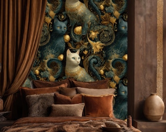 Gothic Cat Wallpaper: Magical Baroque Teal Gold Cats, Maximalist Animal Mural