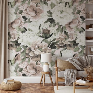 Pastel Peony Wallpaper Peel and Stick | Watercolor Soft Floral Wall Mural | Peonies Blossom Wallpaper