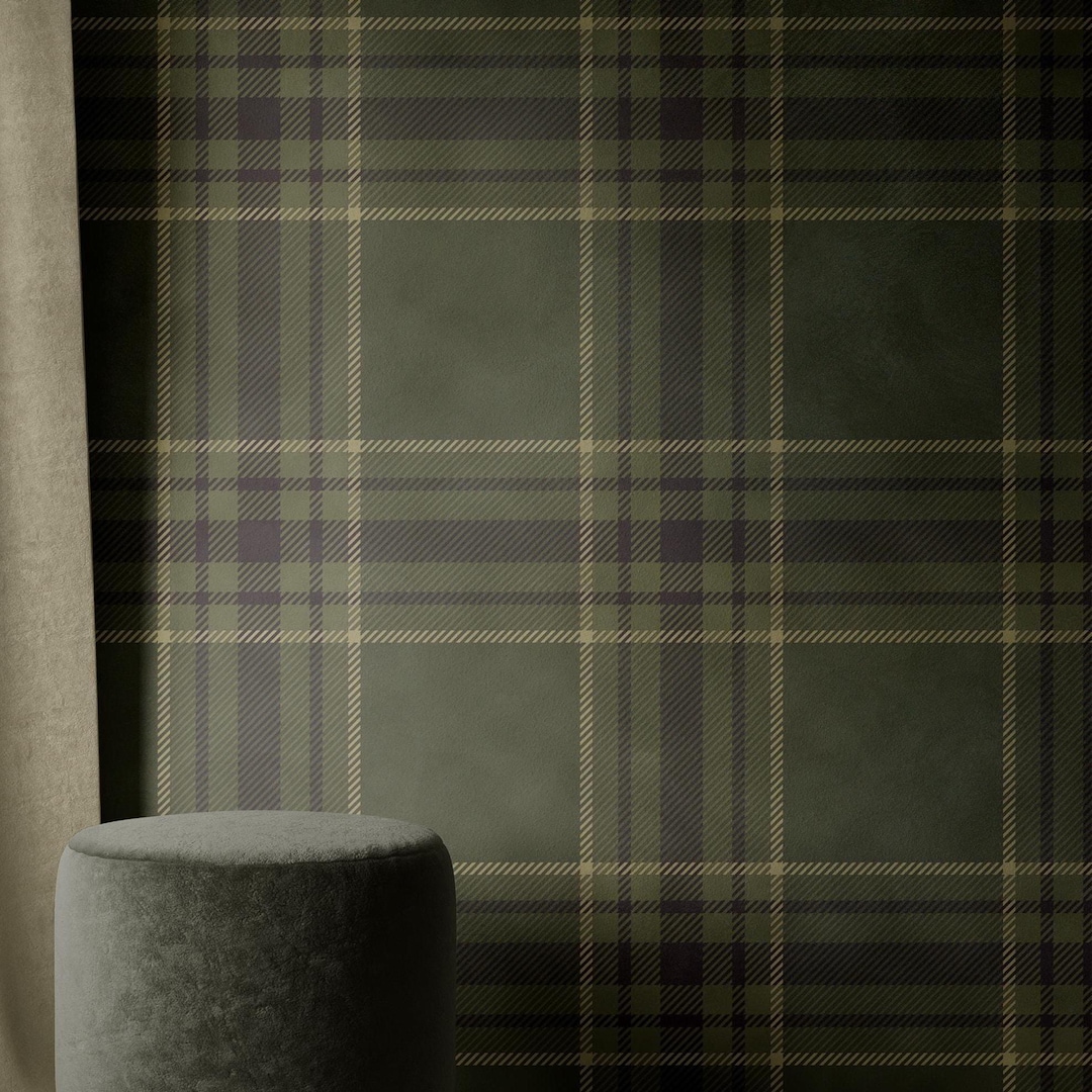Moody Plaid Wallpaper | Olive Green English Style Bedroom Bathroom ...