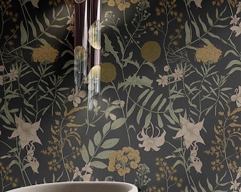 Papel tapiz botánico floral negro melancólico • Mural cottagecore gótico oscuro • Decoración de pared de Dark Academia