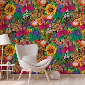 Colorful flowers and tropic leaves wallpaper, Adhesive Wallpaper, Wall mural, Removable, temporary wallpaper Peel & Stick