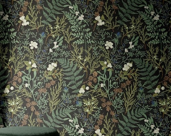 Tapete Dunkles Grün | Stimmungsvolles botanisches Badezimmer | Abnehmbar, Schälen und Aufkleben | Maximalistische Wald Wiese Blatt Wallpaper