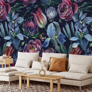 Floral Peel and Stick Wallpaper Dark Floral Wall Mural - Etsy