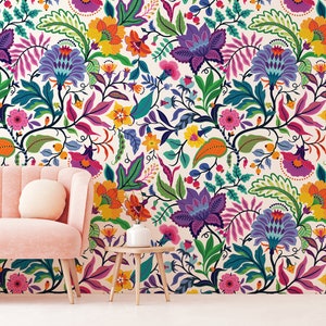 Bright colorful flowers and tropic leaves on a white backgroun, Adhesive Wallpaper, Wall mural, Removable, temporary wallpaper Peel & Stick image 2