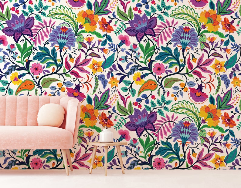 Bright colorful flowers and tropic leaves on a white backgroun, Adhesive Wallpaper, Wall mural, Removable, temporary wallpaper Peel & Stick image 2