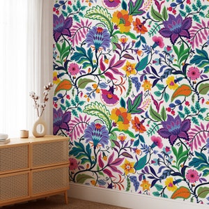 Bright colorful flowers and tropic leaves on a white backgroun, Adhesive Wallpaper, Wall mural, Removable, temporary wallpaper Peel & Stick image 1