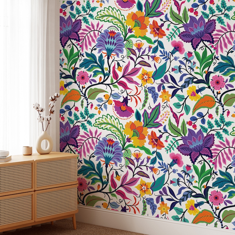 Bright colorful flowers and tropic leaves on a white backgroun, Adhesive Wallpaper, Wall mural, Removable, temporary wallpaper Peel & Stick image 1