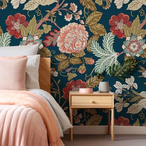 Vintage Bloom Wallpaper - Dark Teal Floral Wall Mural- Elegant Botanical Wall Decor - Colorful Tropical Leaves - Peel and Stick Wallpaper