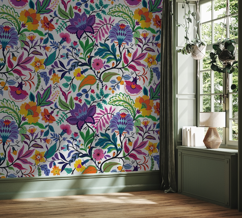 Bright colorful flowers and tropic leaves on a white backgroun, Adhesive Wallpaper, Wall mural, Removable, temporary wallpaper Peel & Stick image 7