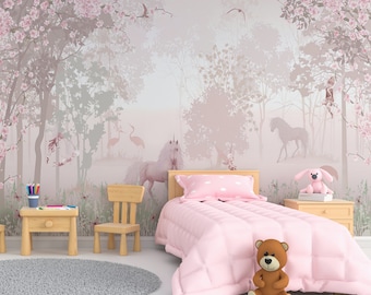 Nursery Unicorns Wallpaper, Fairy Forest, Princess Room Wallpaper