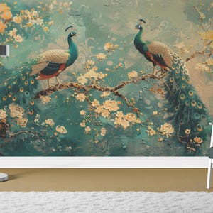 Chinoiserie Wallpaper, Peacock Wall Mural, Vintage, Wall Mural Peel and Stick, Wallpaper with Birds and Flowers, Floral Chinoiserie