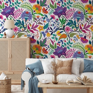 Bright colorful flowers and tropic leaves on a white backgroun, Adhesive Wallpaper, Wall mural, Removable, temporary wallpaper Peel & Stick image 6