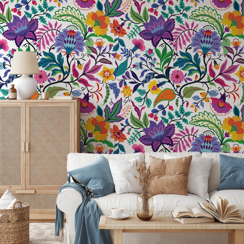 Bright colorful flowers and tropic leaves on a white backgroun, Adhesive Wallpaper, Wall mural, Removable, temporary wallpaper Peel & Stick image 6