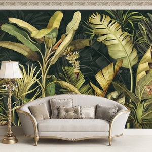 Vintage Tropical Wallpaper, Leaf Wallpaper Peel and Stick, Watercolor Tropical Leaves Wall Mural