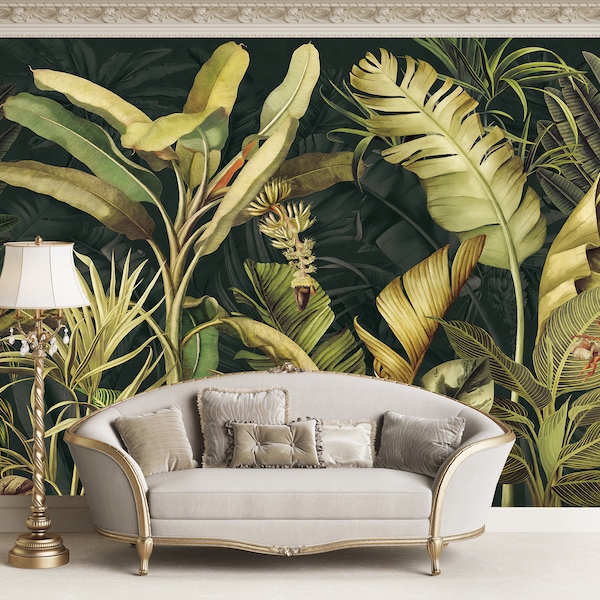 Vintage Tropical Wallpaper, Leaf Wallpaper Peel and Stick, Watercolor Tropical Leaves Wall Mural