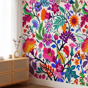 Colorful flowers and tropic leaves wallpaper, Adhesive Wallpaper, Wall mural, Removable, temporary wallpaper Peel & Stick