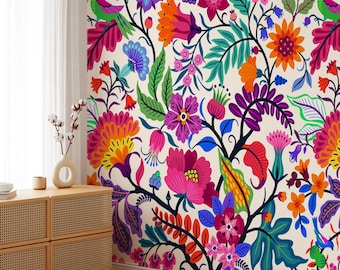 Colorful flowers and tropic leaves wallpaper, Adhesive Wallpaper, Wall mural, Removable, temporary wallpaper Peel & Stick