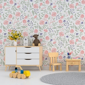Pink Floral Peel and Stick Wallpaper - Whimsy Floral Watercolor - Pink Floral, Peel and Stick Wall Mural