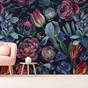 Floral peel and stick wallpaper, Dark floral wall mural, Vintage Floral wallpaper
