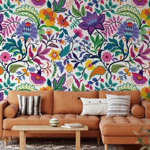 Bright colorful flowers and tropic leaves on a white backgroun, Adhesive Wallpaper, Wall mural, Removable, temporary wallpaper Peel & Stick image 4