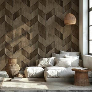 Chevron Wood Wallpaper: Rustic Geometric Peel and Stick Wall Mural